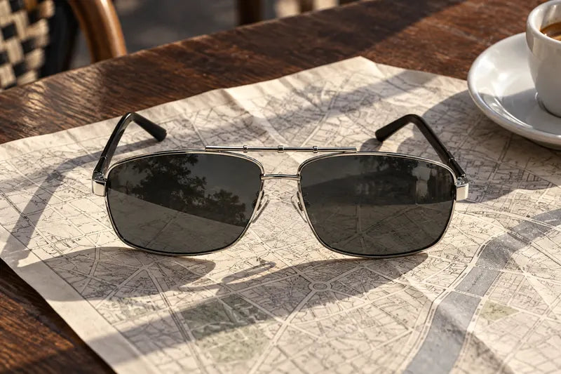 Silver Q5 sunglasses photographed on a city map